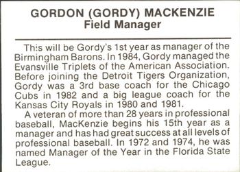 1985 Sun Belt Press Birmingham Barons #NNO Gordon MacKenzie Back
