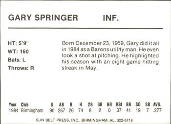 1985 Sun Belt Press Birmingham Barons #NNO Gary Springer Back