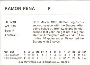 1985 Sun Belt Press Birmingham Barons #NNO Ramon Pena Back