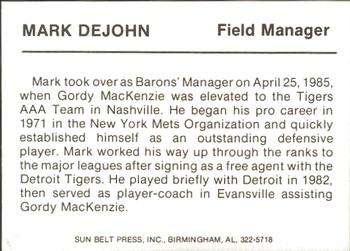 1985 Sun Belt Press Birmingham Barons #NNO Mark DeJohn Back