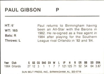 1985 Sun Belt Press Birmingham Barons #NNO Paul Gibson Back