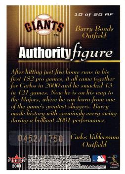 2001 Fleer Authority - Authority Figure #10 AF Barry Bonds / Carlos Valderrama  Back