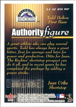 2001 Fleer Authority - Authority Figure #11 AF Todd Helton / Juan Uribe  Back