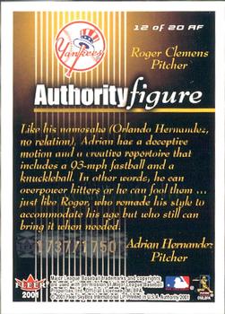 2001 Fleer Authority - Authority Figure #12 AF Roger Clemens / Adrian Hernandez  Back