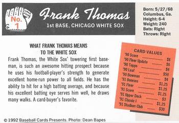 1992 Baseball Cards Presents Investor's Guide to Baseball Cards Repli-Cards #1 Frank Thomas Back