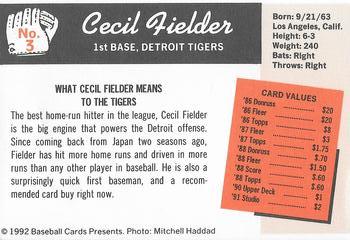 1992 Baseball Cards Presents Investor's Guide to Baseball Cards Repli-Cards #3 Cecil Fielder Back