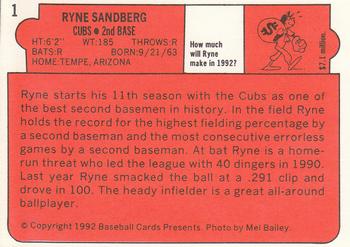 1992 Baseball Cards Presents Beginners Guide to Card Collecting Repli-Cards #1 Ryne Sandberg Back