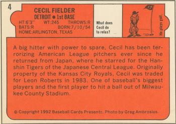 1992 Baseball Cards Presents Beginners Guide to Card Collecting Repli-Cards #4 Cecil Fielder Back