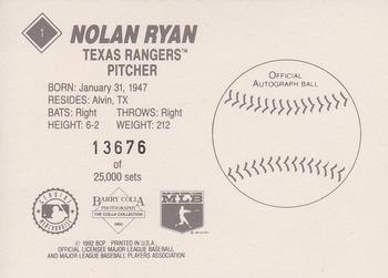 1992 Barry Colla Nolan Ryan #1 Nolan Ryan Back