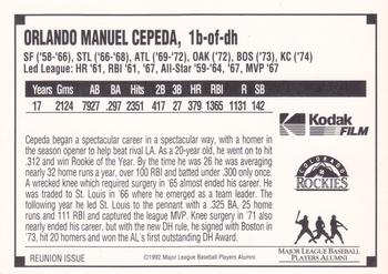 1992 Kodak Celebration of Baseball Denver #NNO Orlando Cepeda Back