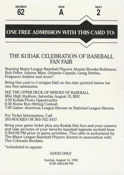 1992 Kodak Celebration of Baseball Denver #NNO Admission Coupon Card Back