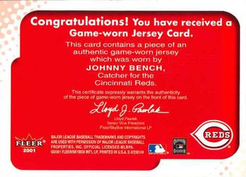 2001 Fleer E-X - Behind the Numbers Game Jersey #NNO Johnny Bench Back