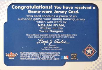 2001 Fleer E-X - Behind the Numbers Game Jersey #NNO Nolan Ryan Back