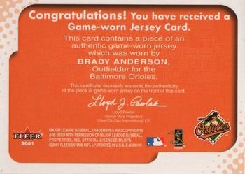 2001 Fleer E-X - Behind the Numbers Game Jersey #NNO Brady Anderson Back