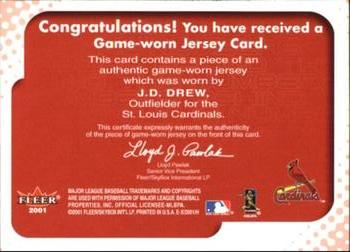 2001 Fleer E-X - Behind the Numbers Game Jersey #NNO J.D. Drew Back
