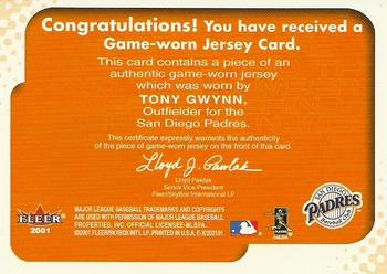 2001 Fleer E-X - Behind the Numbers Game Jersey #NNO Tony Gwynn Back