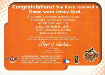 2001 Fleer E-X - Behind the Numbers Game Jersey #NNO Cal Ripken Jr. Back