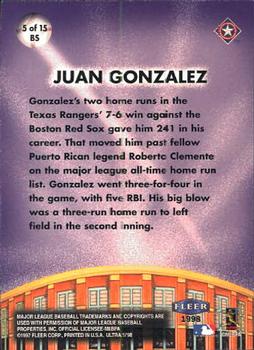 1998 Ultra - Big Shots #5BS Juan Gonzalez Back