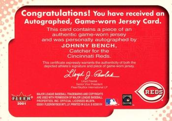 2001 Fleer E-X - Behind the Numbers Game Jersey Autograph #5 Johnny Bench Back