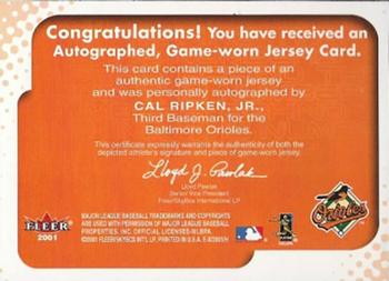 2001 Fleer E-X - Behind the Numbers Game Jersey Autograph #32 Cal Ripken Jr. Back