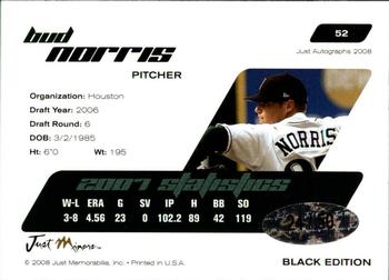 2008 Just Autographs - Black #52 Bud Norris Back
