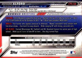 2016 Bowman - Chrome Prospect Autographs #CPA-AA Anthony Alford Back