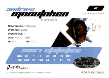2008 Just Autographs - Gold #47 Andrew McCutchen Back