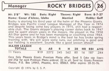 1976 Cramer Phoenix Giants #NNO Rocky Bridges Back