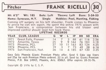 1976 Cramer Phoenix Giants #NNO Frank Ricelli Back