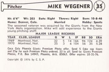 1976 Cramer Phoenix Giants #NNO Mike Wegener Back