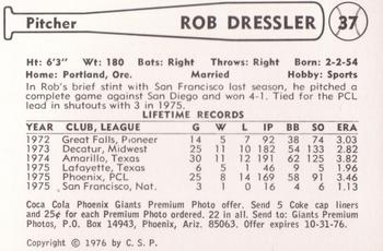 1976 Cramer Phoenix Giants #NNO Rob Dressler Back