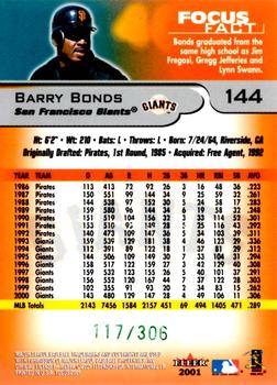2001 Fleer Focus - Green #144 Barry Bonds Back