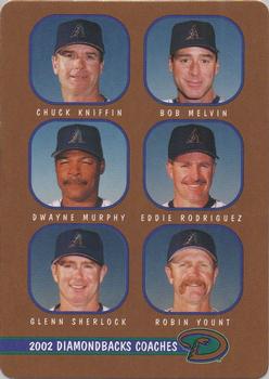 2002 Keebler Arizona Diamondbacks SGA #28 Coaches (Chuck Kniffin / Bob Melvin / Dwayne Murphy / Eddie Rodriguez / Glenn Sherlock / Robin Yount) Front
