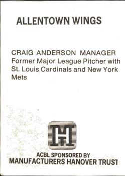 1977 TCMA Atlantic Collegiate Baseball League #NNO Craig Anderson Back