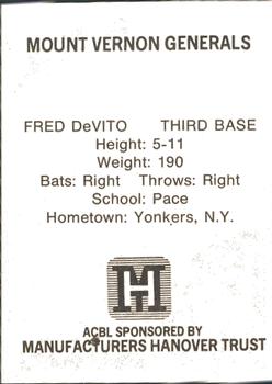 1977 TCMA Atlantic Collegiate Baseball League #NNO Fred DeVito Back