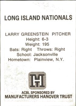 1977 TCMA Atlantic Collegiate Baseball League #NNO Larry Greenstein Back