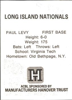1977 TCMA Atlantic Collegiate Baseball League #NNO Paul Levy Back