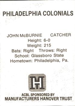 1977 TCMA Atlantic Collegiate Baseball League #NNO John McBurnie Back