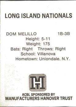 1977 TCMA Atlantic Collegiate Baseball League #NNO Dom Melillo Back