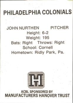 1977 TCMA Atlantic Collegiate Baseball League #NNO John Nurthen Back