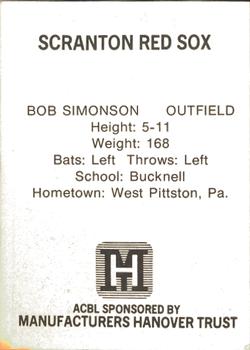 1977 TCMA Atlantic Collegiate Baseball League #NNO Bob Simonson Back