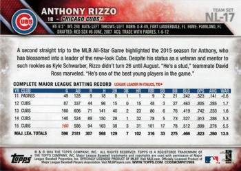 2016 Topps National League Standouts #NL-17 Anthony Rizzo Back