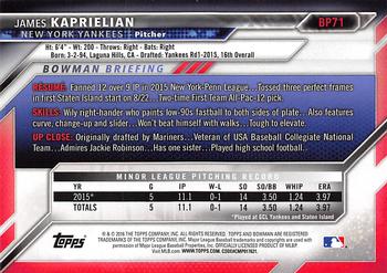 2016 Bowman - Prospects Yellow #BP71 James Kaprielian Back