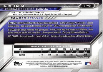 2016 Bowman - Prospects Yellow #BP90 Raimel Tapia Back