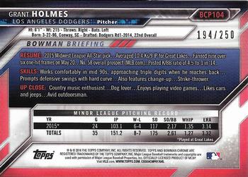 2016 Bowman - Chrome Prospects Purple Refractor #BCP104 Grant Holmes Back
