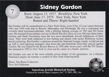 2003 Jewish Major Leaguers #7 Sid Gordon Back