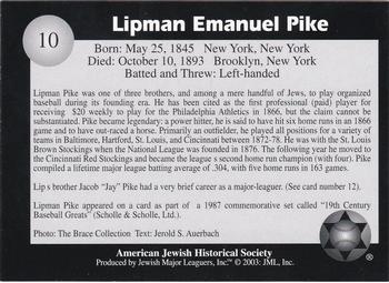 2003 Jewish Major Leaguers #10 Lipman Pike Back