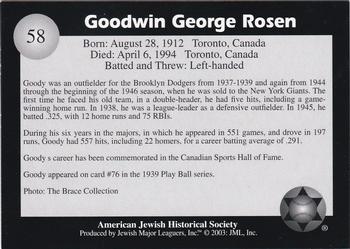 2003 Jewish Major Leaguers #58 Goody Rosen Back