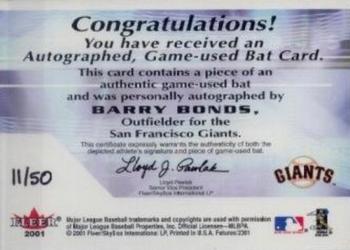 2001 Fleer Futures - Bats to the Future Game Bat Autograph #NNO Barry Bonds  Back