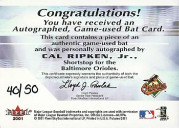 2001 Fleer Futures - Bats to the Future Game Bat Autograph #NNO Cal Ripken Jr.  Back